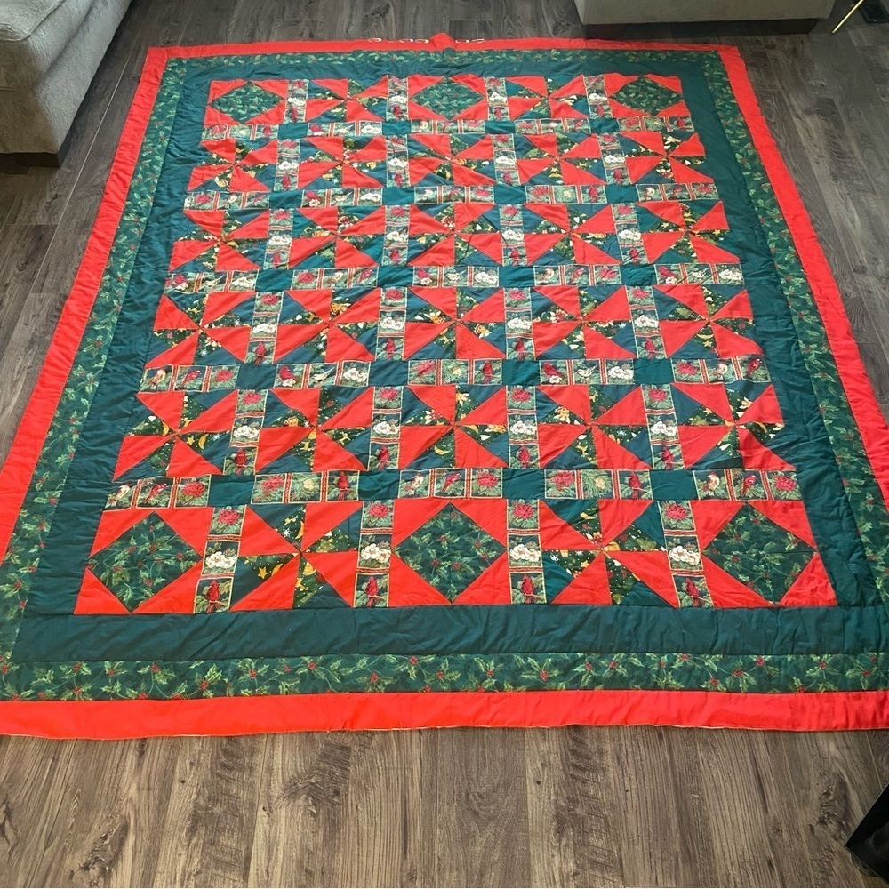 Vintage patchwork quilt red cardinals mistletoe winter festive scene